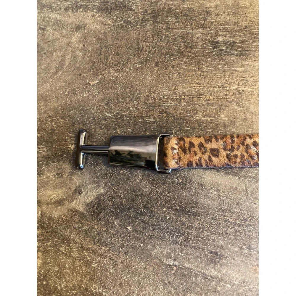 Leopard Print Skinny Belt Gunmetal T-Bar Buckle Faux Hair Animal Print Brown M